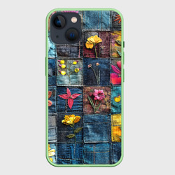 Чехол для iPhone 14 Цветочки на пэчворк дениме