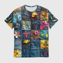 Мужская футболка 3D Цветочки на пэчворк дениме
