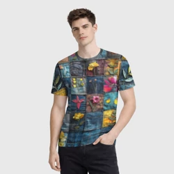 Мужская футболка 3D Цветочки на пэчворк дениме - фото 2