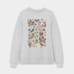 Мужской свитшот oversize без начеса хлопок Птицы, бабочки, цветы