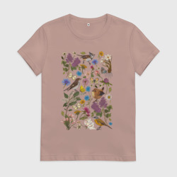 Женская футболка хлопок Птицы, бабочки, цветы
