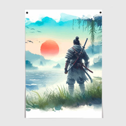 Постер Японский самурай на берегу горного озера