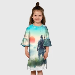 Детское платье 3D Японский самурай на берегу горного озера - фото 2