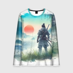 Мужской лонгслив 3D Японский самурай на берегу горного озера