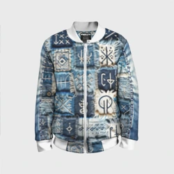 Детский бомбер 3D Славянские руны на пэчворк дениме