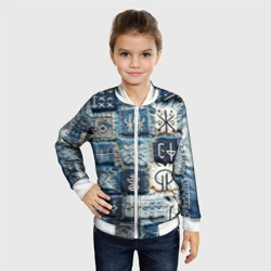 Детский бомбер 3D Славянские руны на пэчворк дениме - фото 2