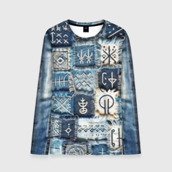 Мужской лонгслив 3D Славянские руны на пэчворк дениме