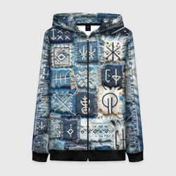 Женская толстовка 3D на молнии Славянские руны на пэчворк дениме
