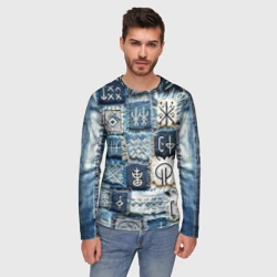Мужской лонгслив 3D Славянские руны на пэчворк дениме - фото 2