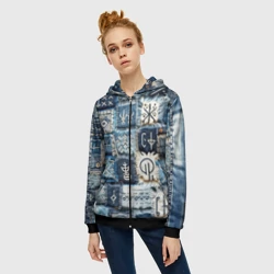 Женская толстовка 3D на молнии Славянские руны на пэчворк дениме - фото 2
