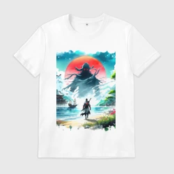 Мужская футболка хлопок Призрак Цусимы - самурай на берегу озера