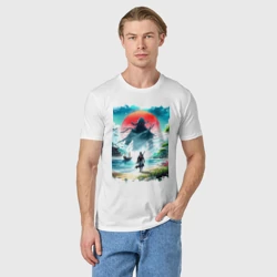 Мужская футболка хлопок Призрак Цусимы - самурай на берегу озера - фото 2