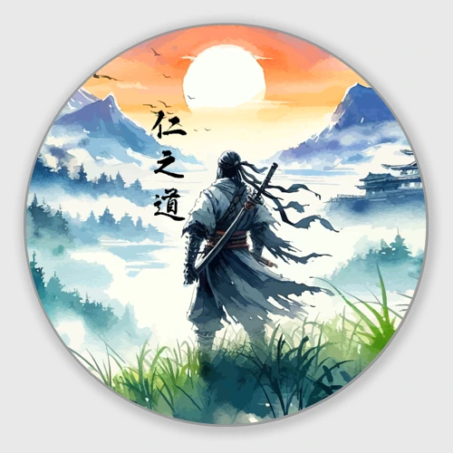 Круглый коврик для мышки Ghost of Tsushima - samurai on the background of the rising sun