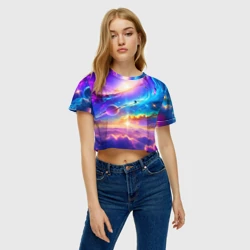 Женская футболка Crop-top 3D Космос в неоновых тонах - фото 2