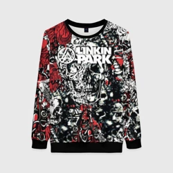 Женский свитшот 3D Linkin Park на фоне татуировки черепов и скелетов