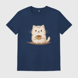 Мужская футболка хлопок Котик с чашечкой кофе милый
