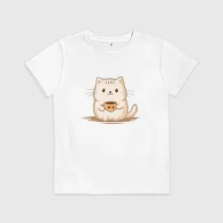 Детская футболка хлопок Котик с чашечкой кофе милый