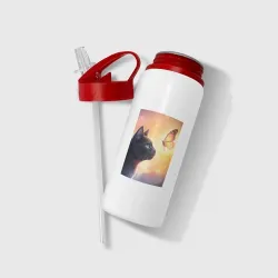 Бутылка для воды с трубочкой Котенок встречающий бабочку на рассвете - фото 2