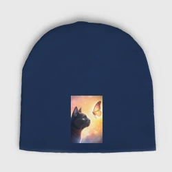 Детская шапка демисезонная Котенок встречающий бабочку на рассвете