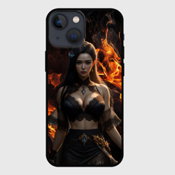 Чехол для iPhone 13 mini Девушка в черном белье на фоне огня