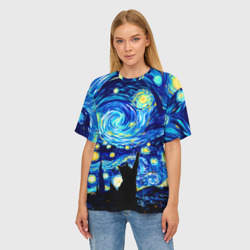 Женская футболка oversize 3D Кот ловит звезды Вангога  - фото 2