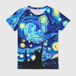 Женская футболка 3D Кот ловит звезды Вангога 