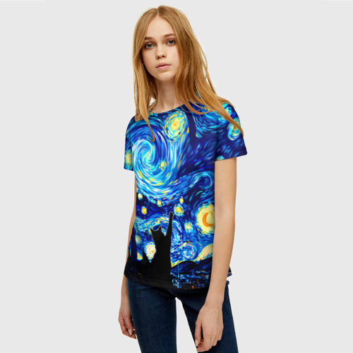 Женская футболка 3D Кот ловит звезды Вангога  - фото 3