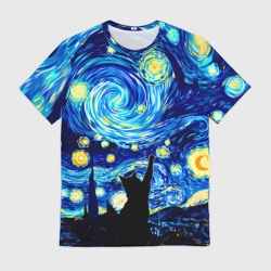 Мужская футболка 3D Кот ловит звезды Вангога 