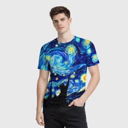 Мужская футболка 3D Кот ловит звезды Вангога  - фото 2