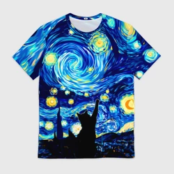Мужская футболка 3D Кот ловит звезды Вангога 