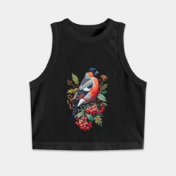 Женская укороченная майка-топ хлопок Снегирь не ветке красной рябины