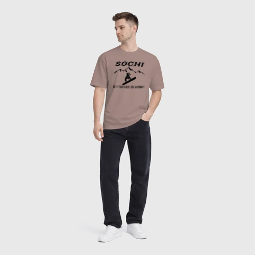 Мужская футболка хлопок Oversize с принтом Сноуборд в Сочи Красная поляна, вид сбоку #3