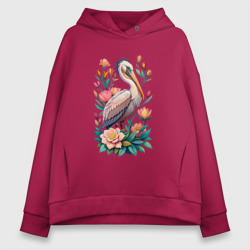 Женское худи Oversize хлопок Птица пеликан среди цветов