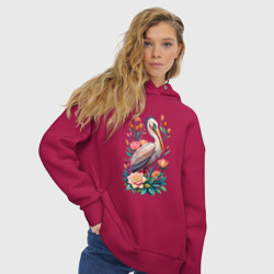 Женское худи Oversize хлопок Птица пеликан среди цветов - фото 2