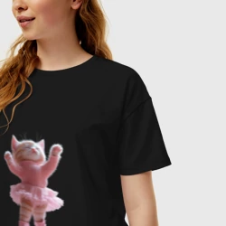 Женская футболка хлопок Oversize Кошечка балерина - фото 2