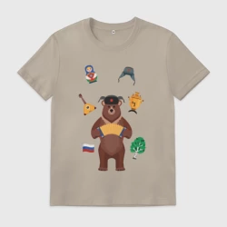 Мужская футболка хлопок Медведь с балалайкой в ушанке и матрёшка