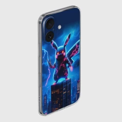 Чехол для iPhone 16 силиконовый с защитой камеры Пикачу в роли Годзиллы - неоновое свечение - фото 2