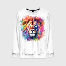 Женский свитшот 3D Лев портрет акварельный