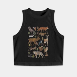 Женская укороченная майка-топ хлопок Лесные животные и птицы