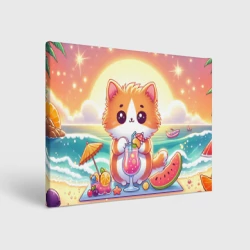 Холст прямоугольный Котик на пляже пьет коктейль