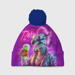 Шапка 3D c помпоном Панк динозавр с кружкой пива - неоновое свечение