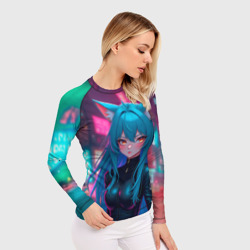 Женский рашгард 3D Девушка-кошка в стиле киберпанк - фото 2