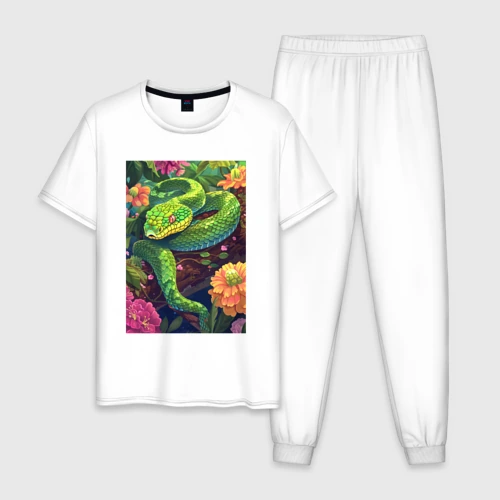 Мужская пижама с белой футболкой хлопок Тропическая змея
