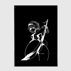 Постер 2B с катаной - Nier automata B&W contours