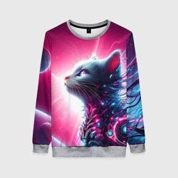 Женский свитшот 3D Космический кибер котёнок - неоновое свечение