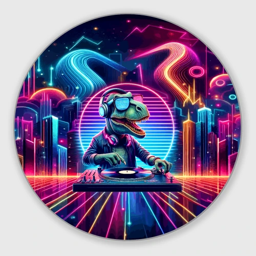 Круглый коврик для мышки Dino DJ - neon glow