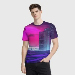 Мужская футболка 3D Synthwave неоновый город - фото 2