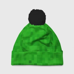 Шапка 3D c помпоном Крипер персонаж текстура пиксельная зеленая