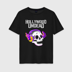 Женская футболка хлопок Oversize Hollywood Undead - неоновый череп
