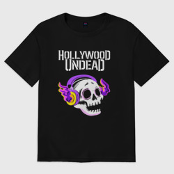 Мужская футболка хлопок Oversize Hollywood Undead - неоновый череп